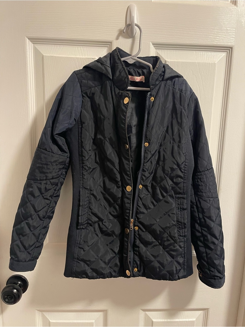 Ci Sono Navy Quilted Hooded Jacket with Gold-Tone Buttons